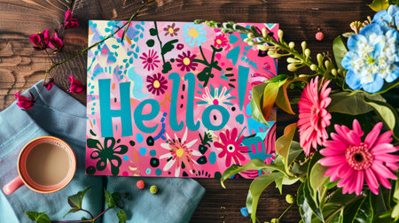Colorful floral hello card on wooden backgroundの素材
