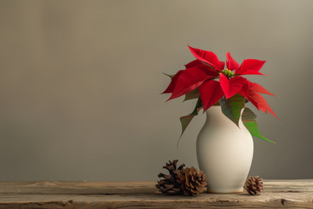 red poinsettia flower in vase with pine cones on wooden tableの素材