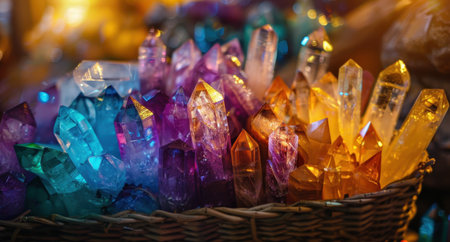 Colorful crystal quartz gemstones in a wicker basketの素材