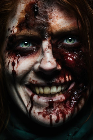 Gruesome zombie face with blood and goreの素材