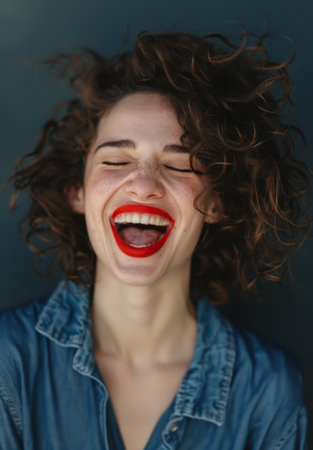Joyful woman with curly hair and red lipsの素材