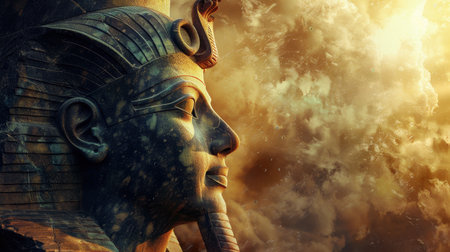 ancient egyptian pharaoh statue against dramatic skyの素材