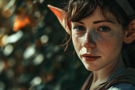 pensive young woman with freckles and windblown hairの素材