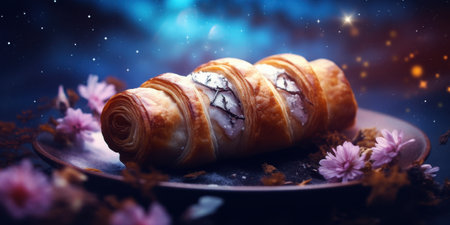 Delicious pastry with chocolate filling under starry night skyの素材