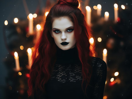 Mysterious woman with fiery red hair and dark makeupの素材