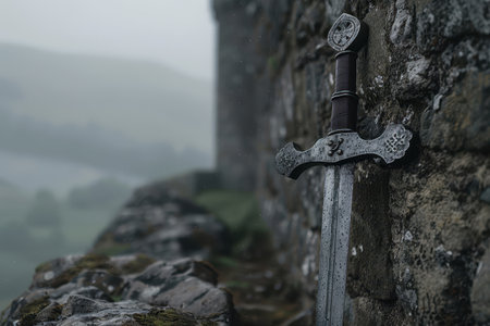 ancient sword embedded in rocky cliffの素材