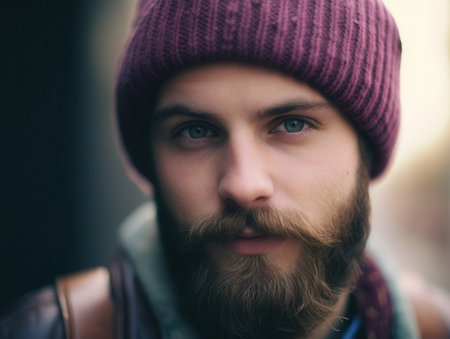 Bearded man in purple knit hatの素材