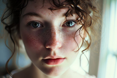 Pensive young girl with freckles and curly hairの素材