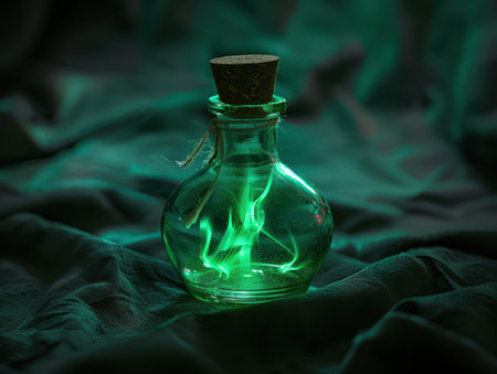 Glowing green potion in a glass bottleの素材