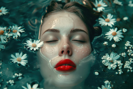 woman's face surrounded by white flowersの素材