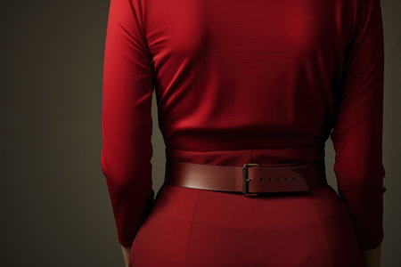 person wearing a red dress with a leather beltの素材