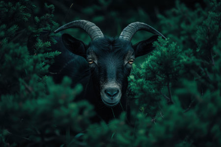 Mysterious black goat in dark forestの素材