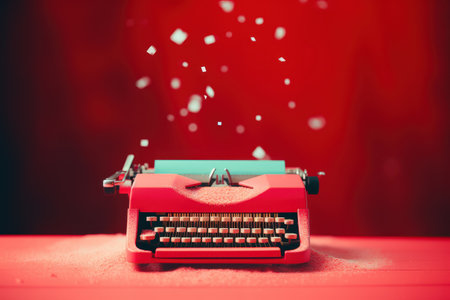 Vintage typewriter on red background with sparkling lightsの素材