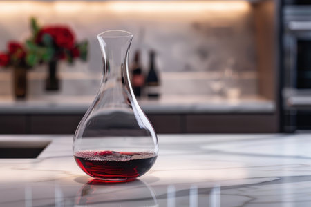Glass decanter of red wine on tableの素材