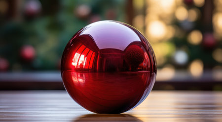 Reflective glass sphere on wooden tableの素材