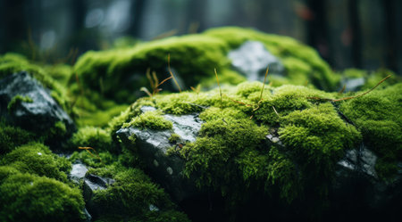 Lush green moss covering rocks in a forestの素材