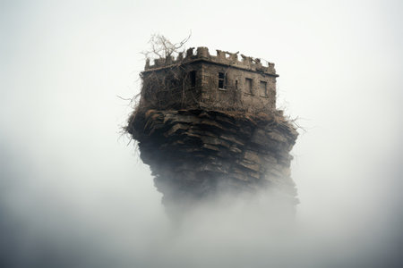 Abandoned castle ruins on a cliff in the fogの素材