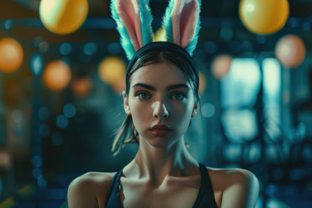 mysterious woman with rabbit ears in colorful lightsの素材