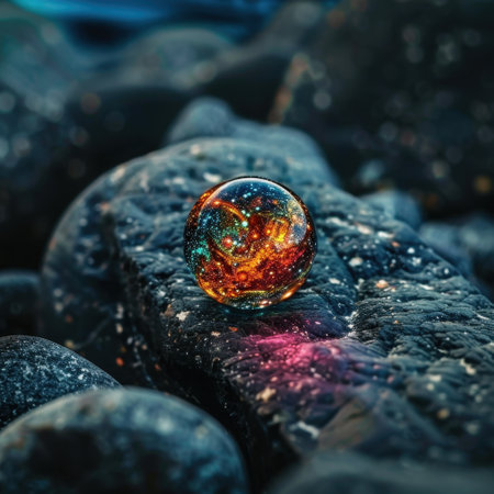 Magical crystal ball on rocky surfaceの素材