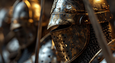 Closeup of an ornate medieval knight's helmetの素材