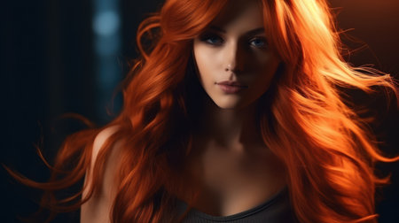 Intense gaze of a woman with fiery red hairの素材