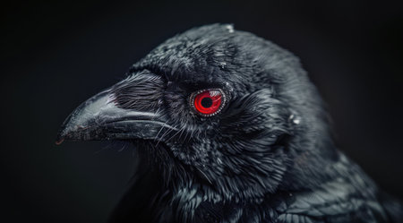 close-up portrait of a black raven with striking red eyesの素材