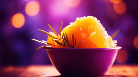 Vibrant citrus fruit dessert in a purple bowlの素材