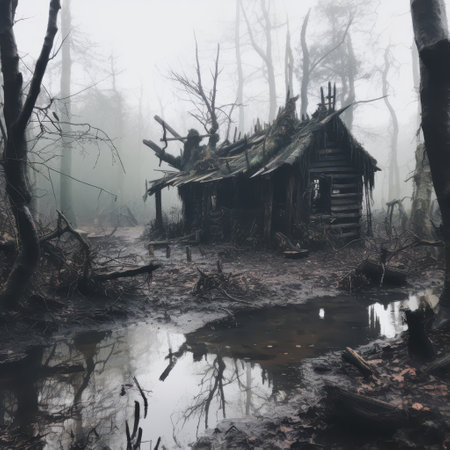 Abandoned Cabin in Misty Forestの素材