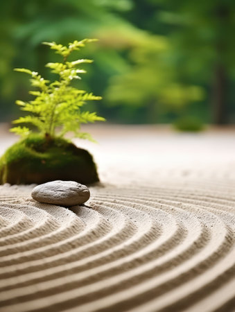 Peaceful zen garden with rock and plantの素材