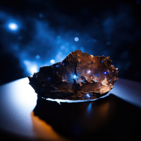 Glowing crystal mineral specimen in dark environmentの素材