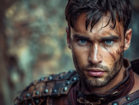 Rugged warrior with intense gazeの素材