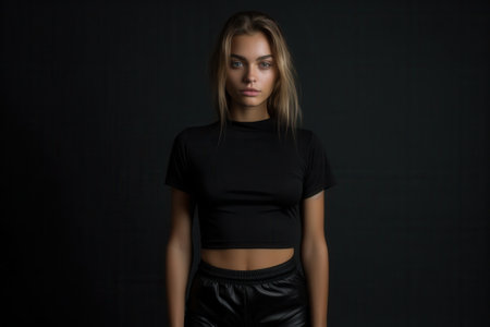 Serious young woman in black outfitの素材