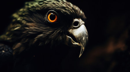 Close-up of a fierce bird of prey with piercing orange eyesの素材