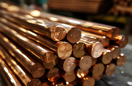 Stacked copper rods in a metalworking shopの素材