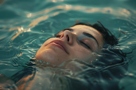 Peaceful woman floating in calm blue waterの素材