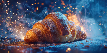 Delicious croissant with sparkling lights and smokeの素材
