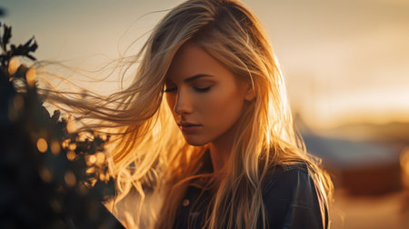 Blonde woman with windblown hair at sunsetの素材