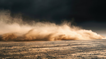 Dramatic dust storm sweeping across desert landscapeの素材