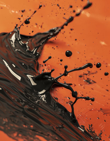 Splash of black paint against an orange backgroundの素材