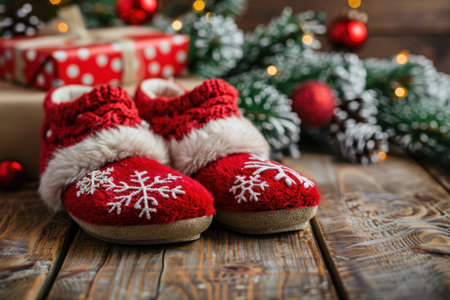 cozy christmas slippers with snowflake pattern on wooden floorの素材