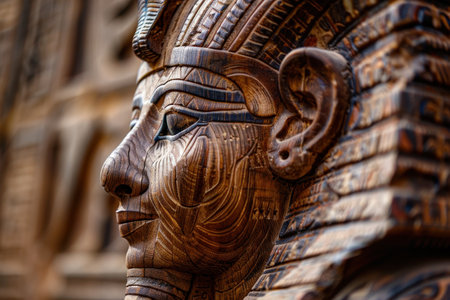 Detailed wooden carving of a faceの素材