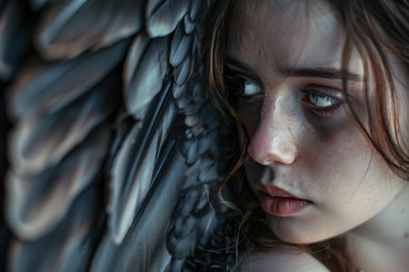 Pensive young woman with windblown hairの素材