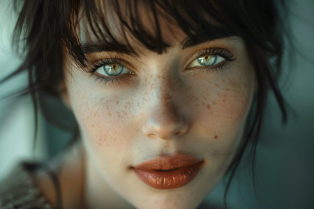 Thoughtful young woman with freckles and dark hairの素材