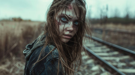 Mysterious woman with windblown hair and intense gazeの素材