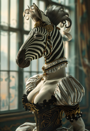 Ornate zebra-patterned costume with gold accentsの素材