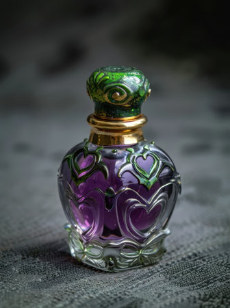 Ornate glass perfume bottle with intricate floral designの素材