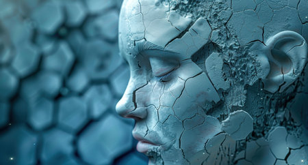 Cracked and weathered face of a human-like figureの素材