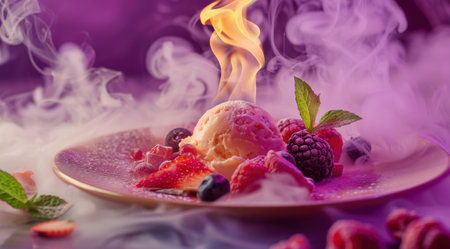 Delicious frozen dessert with fresh berries and smokeの素材