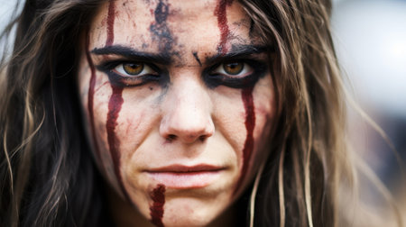 Intense warrior face with blood and war paintの素材
