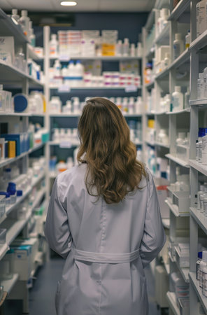 pharmacist examining medical supplies on shelvesの素材